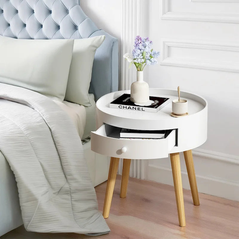 Modern Coffee Table with Drawer, Bedside Table, Sofa Side Table, Oak Table Legs, Suitable for Living Room and Bedroom