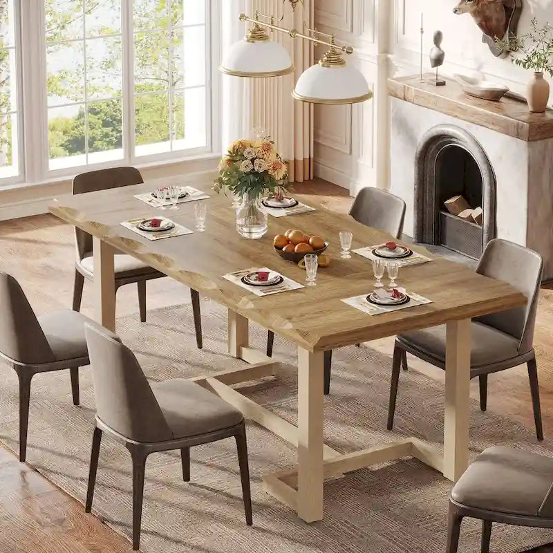 63-Inch Rectangular Dining Table with Solid Wood Leg and Thick Table Top for 4-6 People