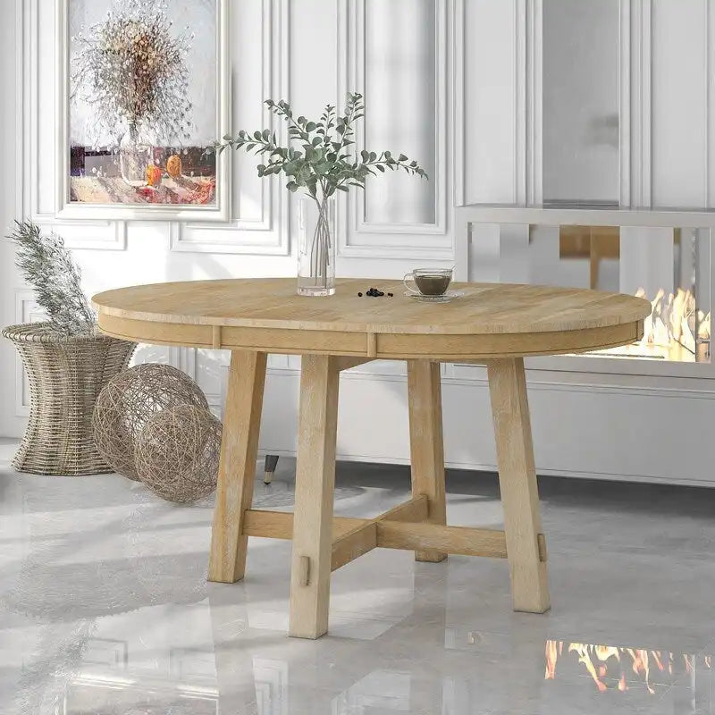 Round dining table, Farmhouse round retractable table, 16 leaf wood kitchen table