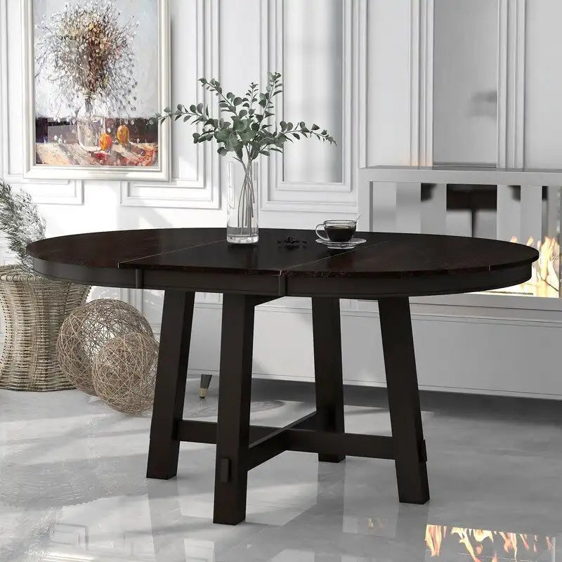 Round dining table, Farmhouse round retractable table, 16 leaf wood kitchen table