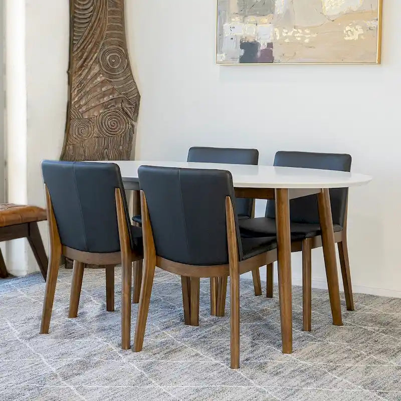 Kailea 5-Piece Mid-Century Modern Oval Dining Table with 4 Vegan Leather Dining Chairs in Black