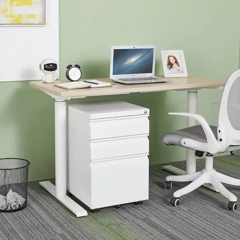 Meuble de classement mobile en acier à 3 tiroirs avec serrure, sur roulettes anti-basculement, classeurs roulants verrouillables sous le bureau
