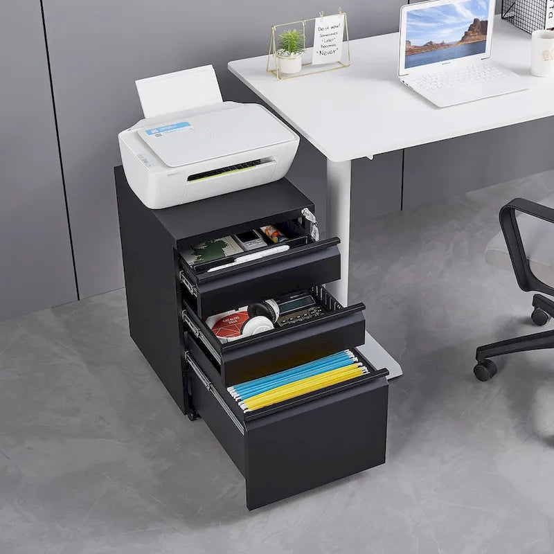 Meuble de classement mobile en acier à 3 tiroirs avec serrure, sur roulettes anti-basculement, classeurs roulants verrouillables sous le bureau