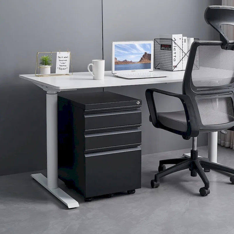 Meuble de classement mobile en acier à 3 tiroirs avec serrure, sur roulettes anti-basculement, classeurs roulants verrouillables sous le bureau