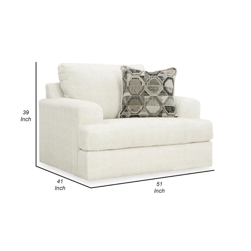 Henly 51 Inch Accent Chair, 1 Pillow, Oversized Loose Seat, White Polyester