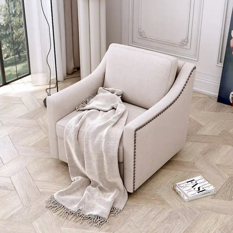 Roomfitters 360 Degree Swivel Armchair with Ergonomic Design and Brass Nail Decoration, White