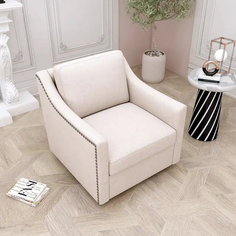 Roomfitters 360 Degree Swivel Armchair with Ergonomic Design and Brass Nail Decoration, White