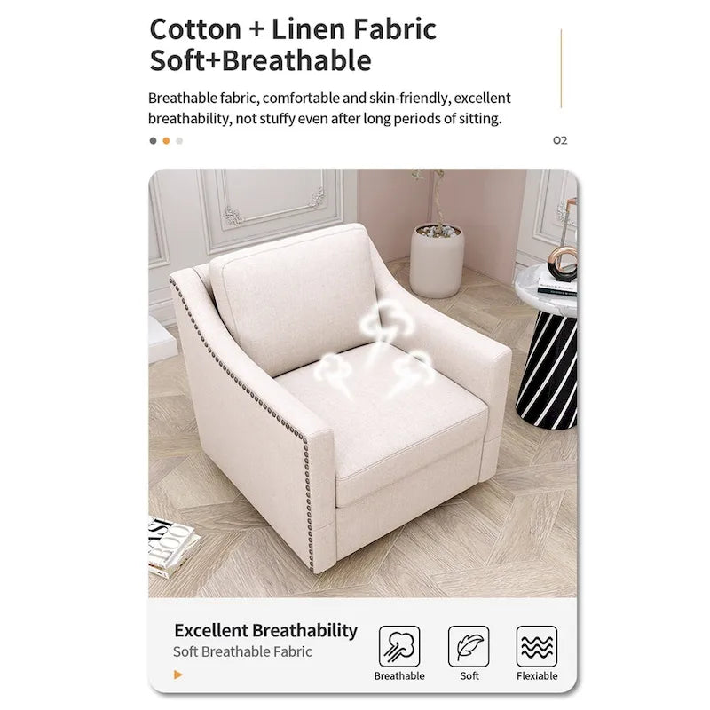Roomfitters 360 Degree Swivel Armchair with Ergonomic Design and Brass Nail Decoration, White