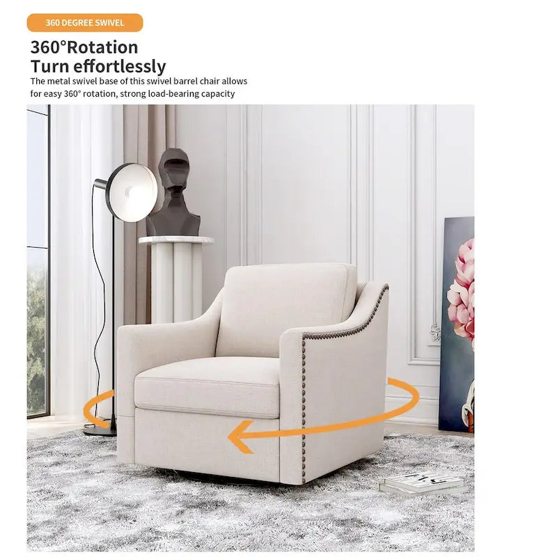 Roomfitters 360 Degree Swivel Armchair with Ergonomic Design and Brass Nail Decoration, White
