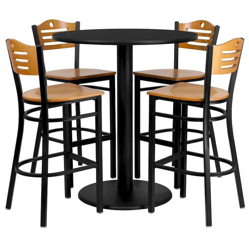 36 Round Laminate Table Set with 4 Metal Barstools - Natural Wood Seat