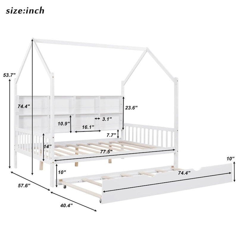 Full Solid Wood House Day Bed with Trundle