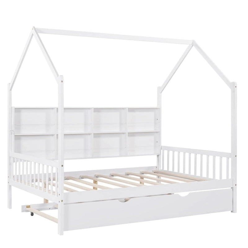 Full Solid Wood House Day Bed with Trundle