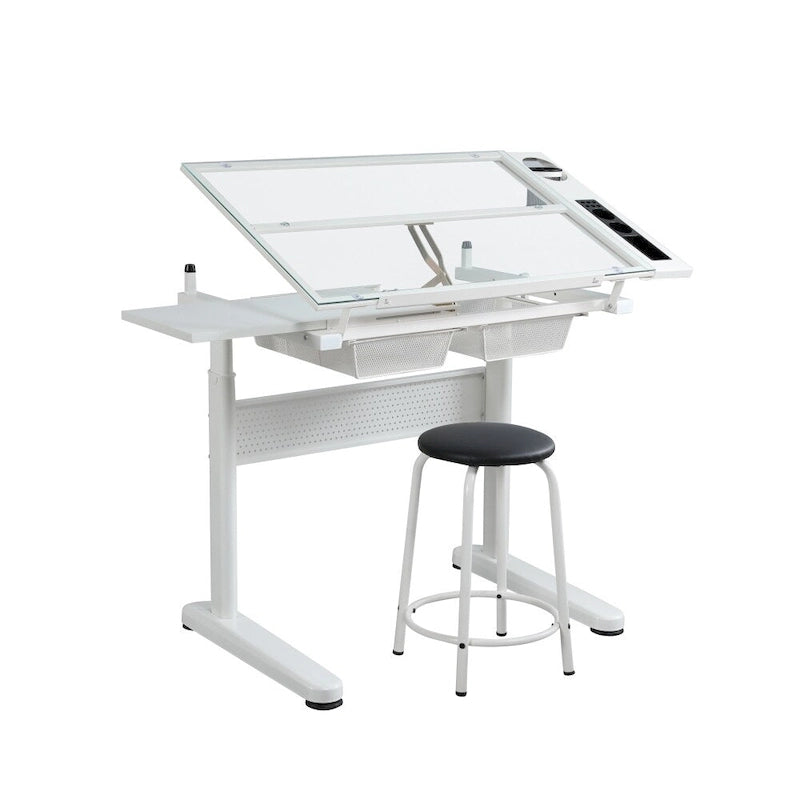 Hand Crank Adjustable Drafting Drawing Table with Stool and 2 Drawers