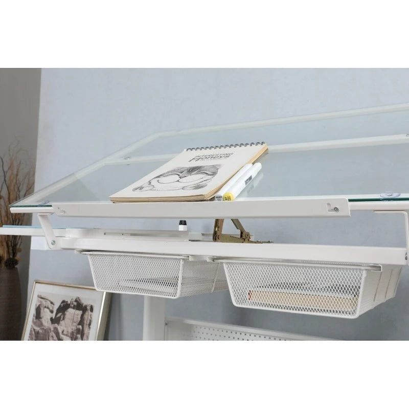 Hand Crank Adjustable Drafting Drawing Table with Stool and 2 Drawers