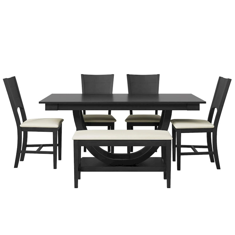 6-Piece Wood Half Round Dining Table Set Kitchen Table Set with Long Bench and 4 Dining Chairs, Modern Style, Gray