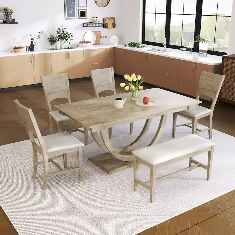6-Piece Wood Half Round Dining Table Set Kitchen Table Set with Long Bench and 4 Dining Chairs, Modern Style, Gray