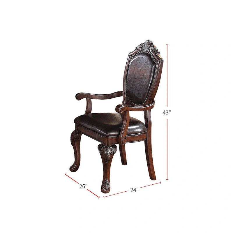 Dining Arm Chairs With Faux Leather Upholstery, Set Of 2, Dark Brown