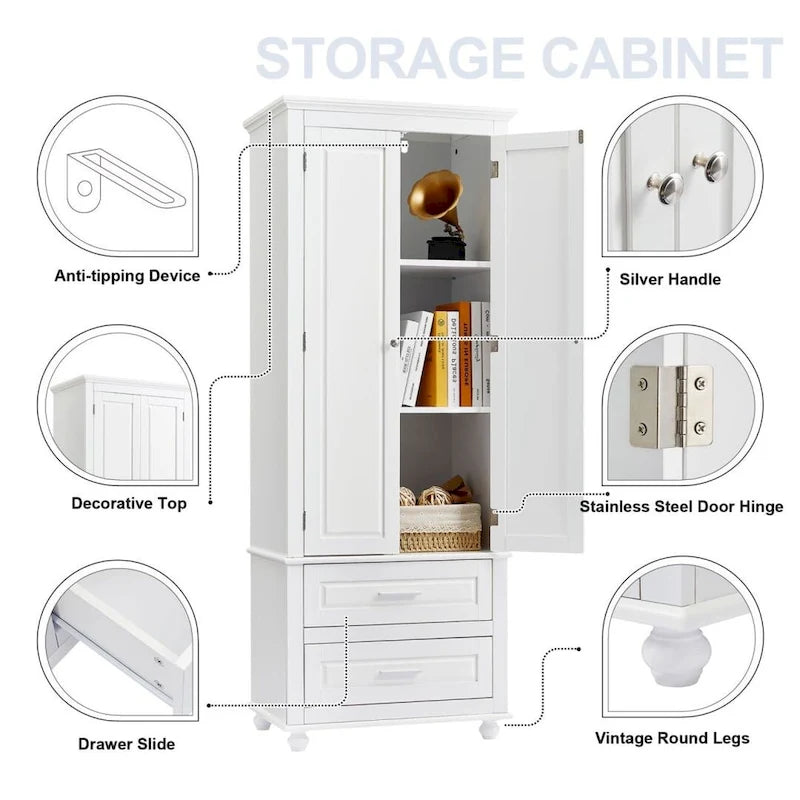 Tall Storage Cabinet with Two Drawers for Bathroom