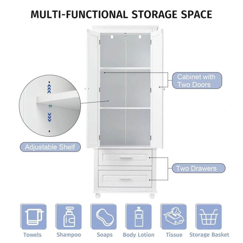 Tall Storage Cabinet with Two Drawers for Bathroom