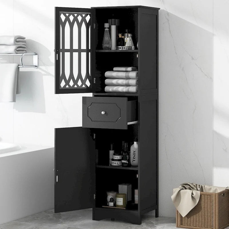 Meuble de salle de bain haut, Meuble de rangement autoportant avec tiroir et portes, Panneau MDF, Porte en acrylique, Étagère réglable, Noir