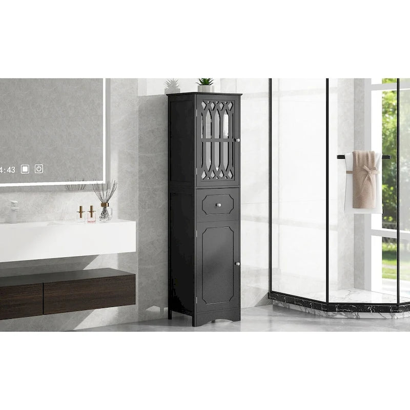 Meuble de salle de bain haut, Meuble de rangement autoportant avec tiroir et portes, Panneau MDF, Porte en acrylique, Étagère réglable, Noir