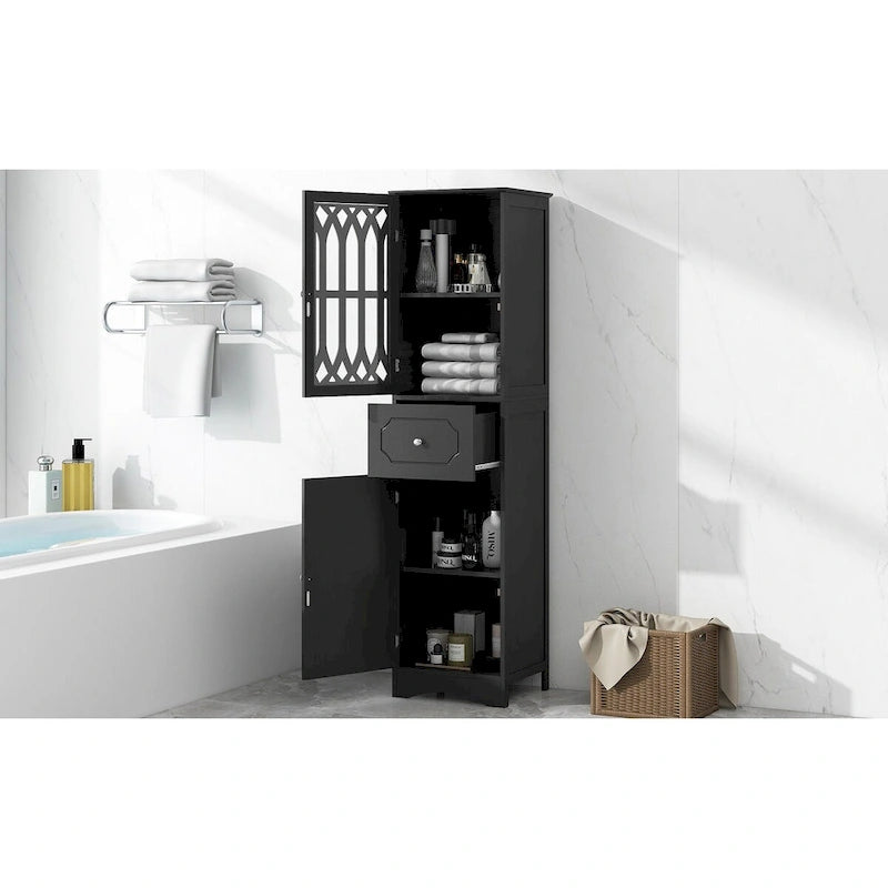 Meuble de salle de bain haut, Meuble de rangement autoportant avec tiroir et portes, Panneau MDF, Porte en acrylique, Étagère réglable, Noir