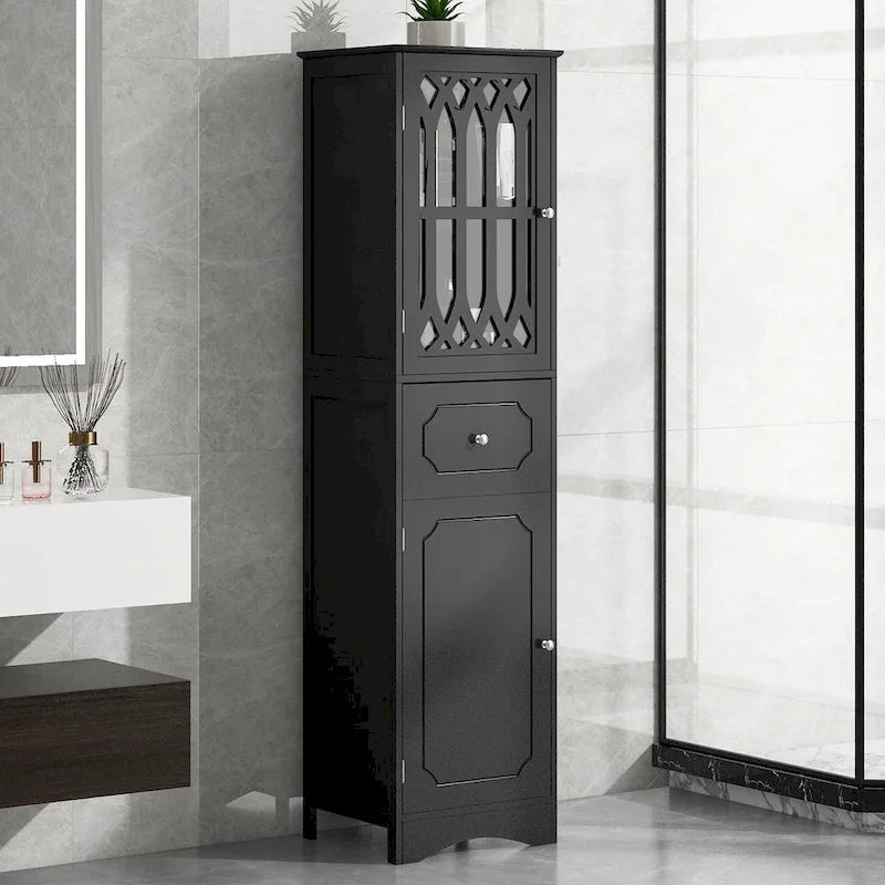 Meuble de salle de bain haut, Meuble de rangement autoportant avec tiroir et portes, Panneau MDF, Porte en acrylique, Étagère réglable, Noir