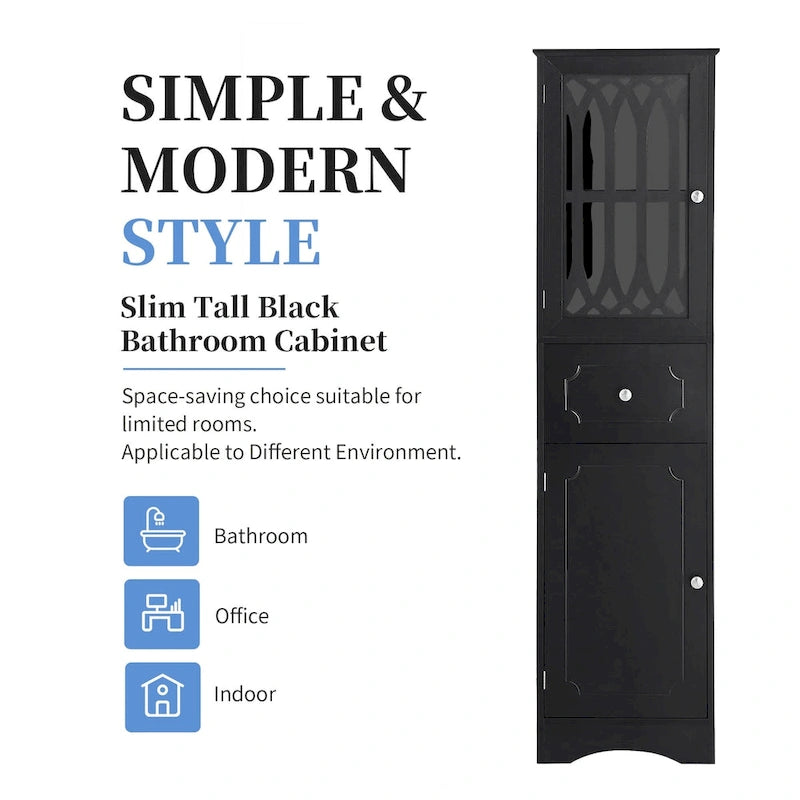 Meuble de salle de bain haut, Meuble de rangement autoportant avec tiroir et portes, Panneau MDF, Porte en acrylique, Étagère réglable, Noir