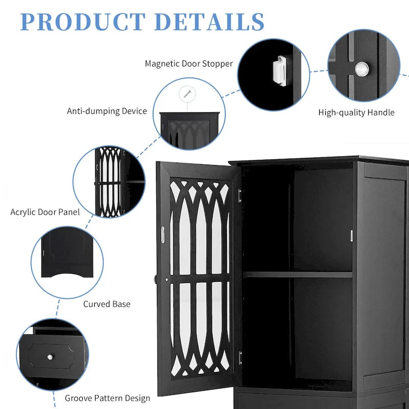 Meuble de salle de bain haut, Meuble de rangement autoportant avec tiroir et portes, Panneau MDF, Porte en acrylique, Étagère réglable, Noir