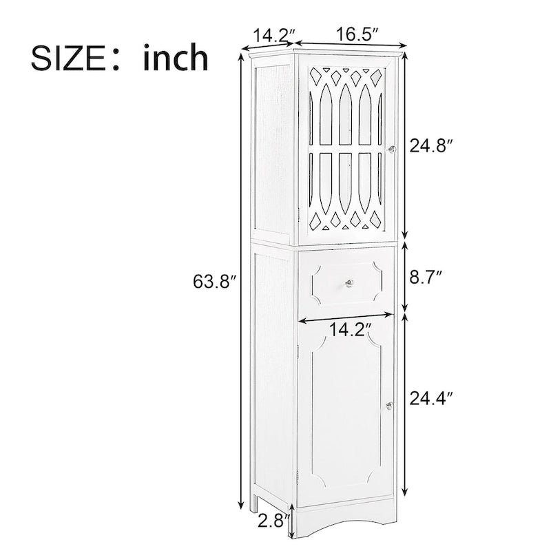 Meuble de salle de bain haut, Meuble de rangement autoportant avec tiroir et portes, Panneau MDF, Porte en acrylique, Étagère réglable, Noir