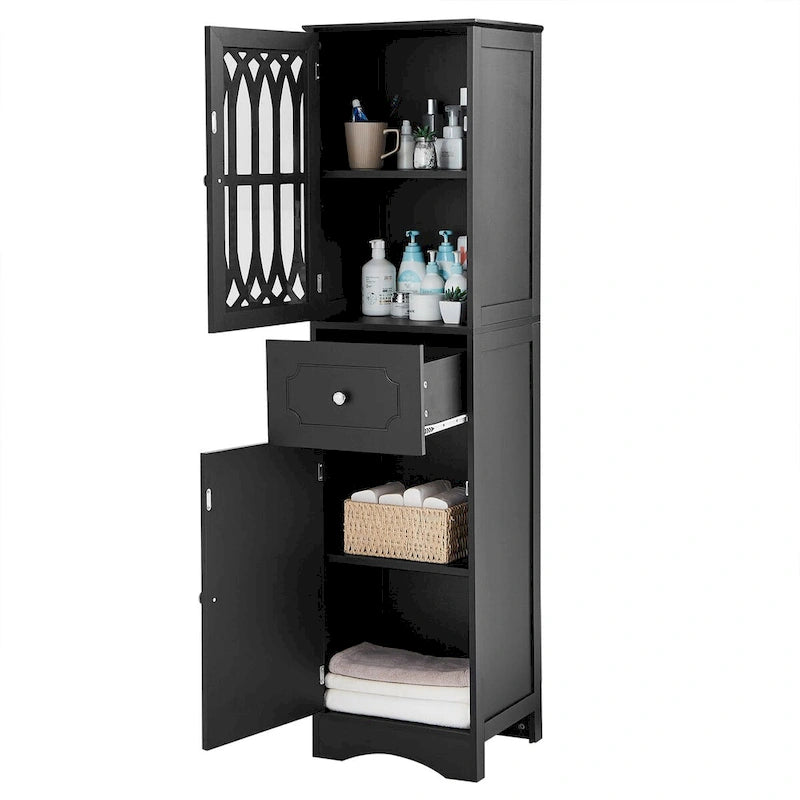 Meuble de salle de bain haut, Meuble de rangement autoportant avec tiroir et portes, Panneau MDF, Porte en acrylique, Étagère réglable, Noir