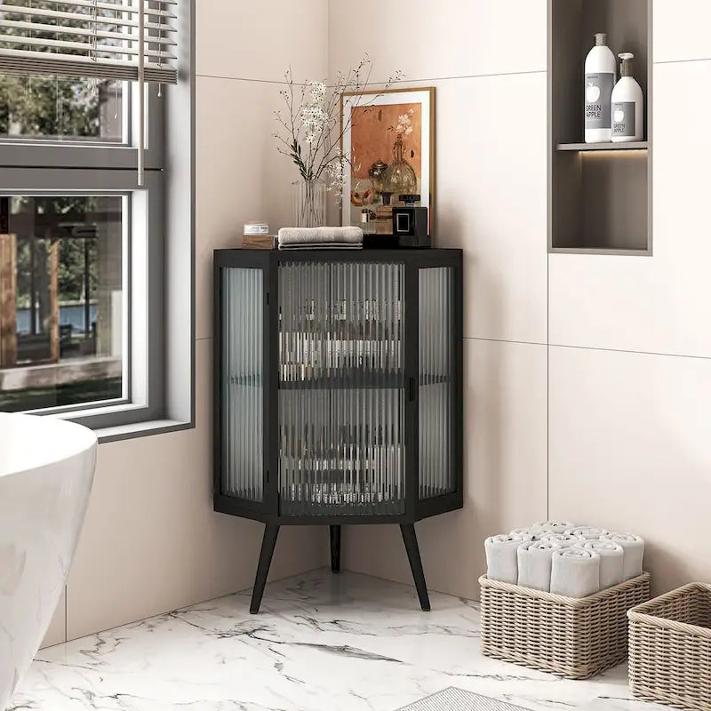 Meuble d'appoint de salle de bain d'angle avec porte en verre trempé 22.25 po l. x 16.54 po P x 31.5 po H