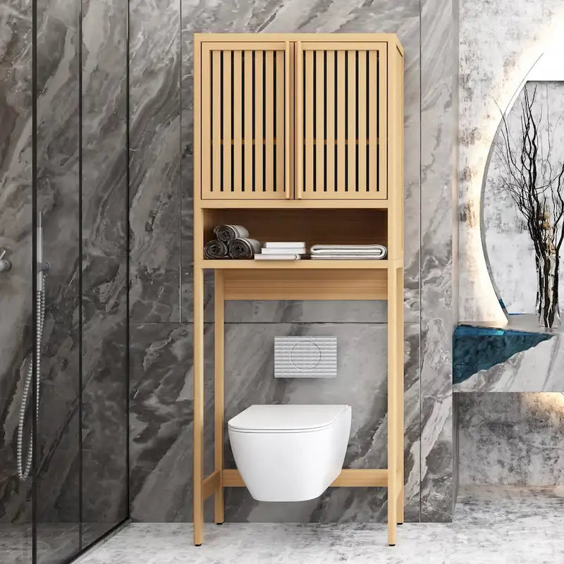 65 Tall Neutral Over-The-Toilet Bathroom Cabinet with Shelf and Two Doors