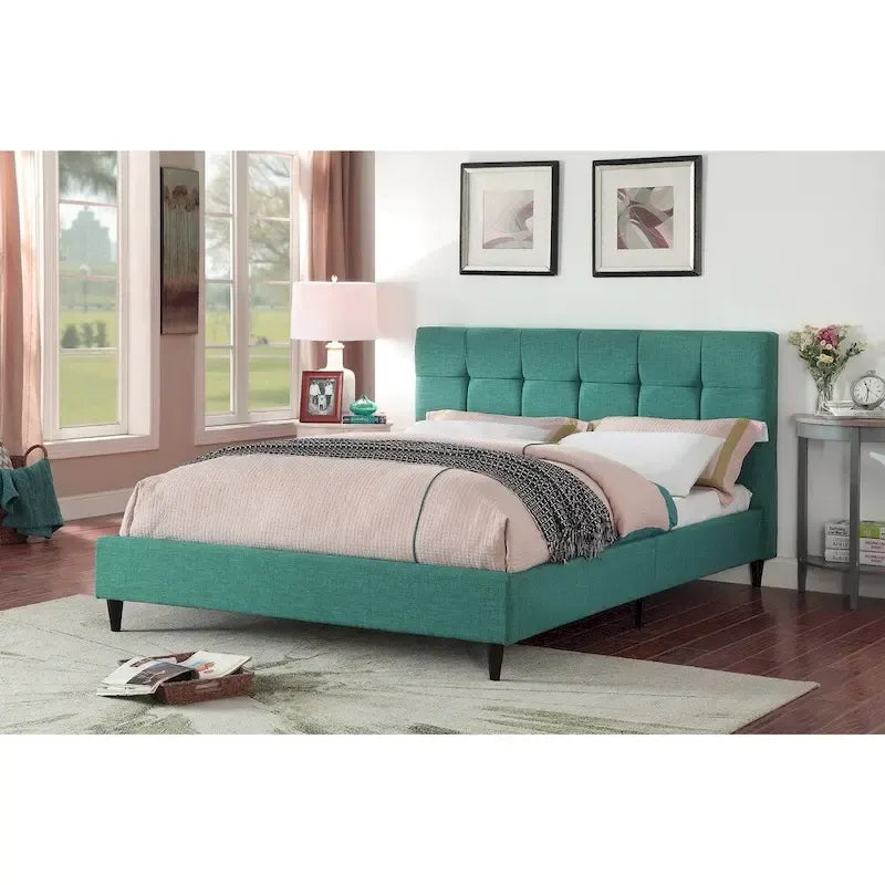 Modern Upholstered Square Stitched Platform Bed with Wooden Slats