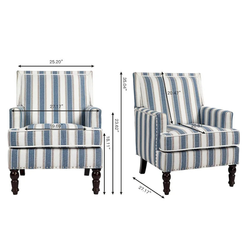 Linen Armchair with Blue and White Striped