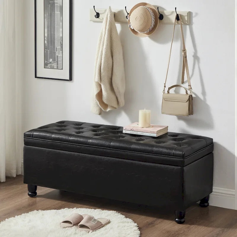 Upholstered tufted button storage bench
