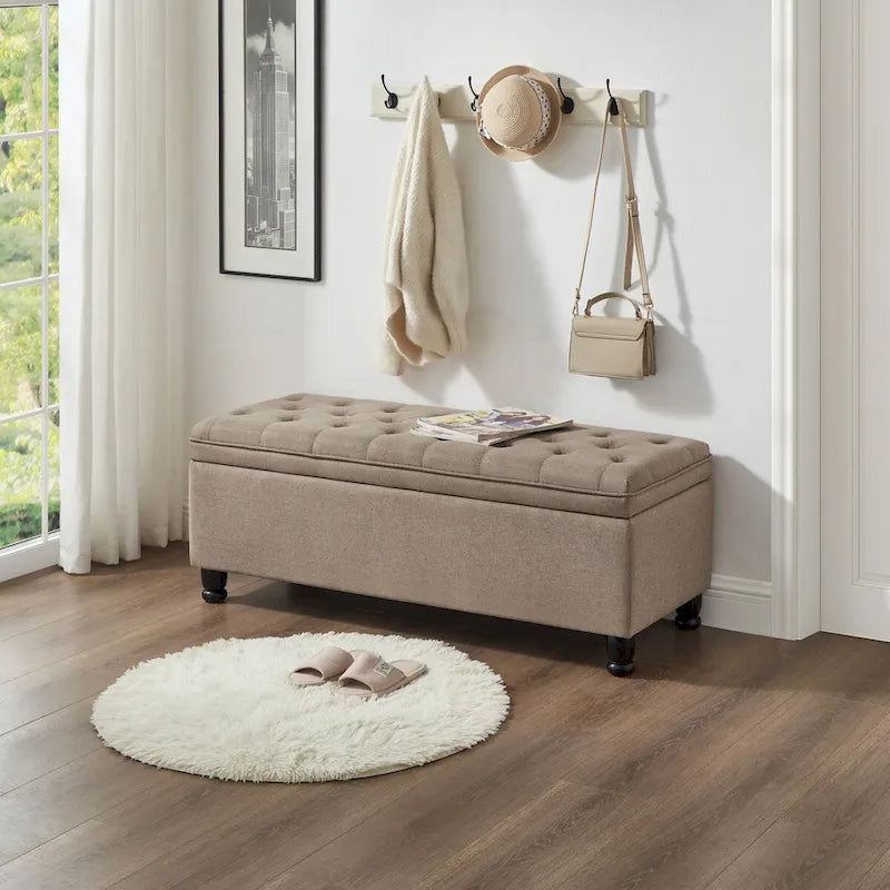 Upholstered tufted button storage bench