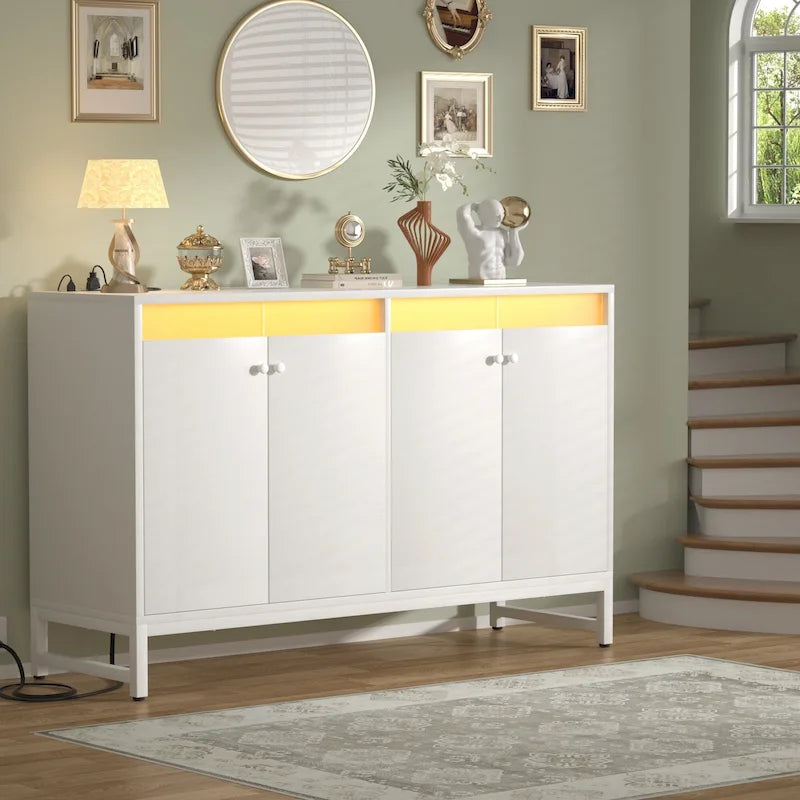 Meuble d'appoint à 4 portes avec prise de courant, buffet de rangement avec bar et éclairage LED