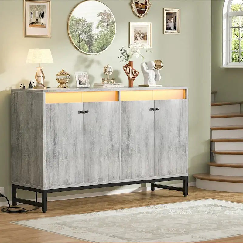 Meuble d'appoint à 4 portes avec prise de courant, buffet de rangement avec bar et éclairage LED