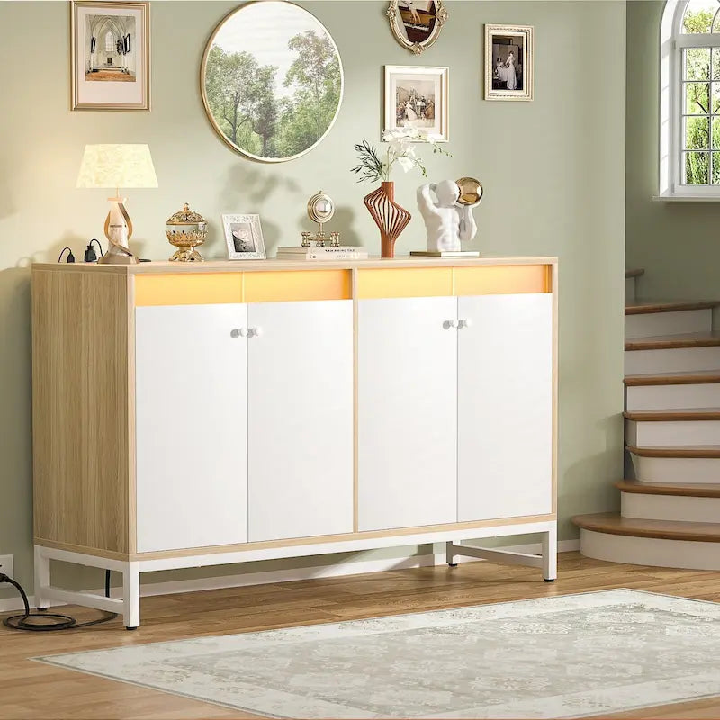 Meuble d'appoint à 4 portes avec prise de courant, buffet de rangement avec bar et éclairage LED