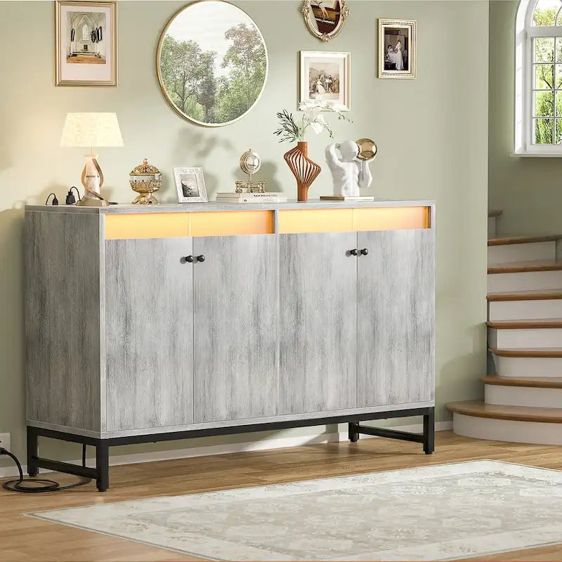 Meuble d'appoint à 4 portes avec prise de courant, buffet de rangement avec bar et éclairage LED