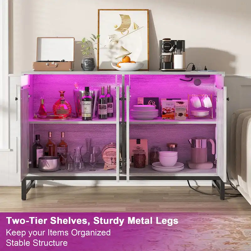 Meuble d'appoint à 4 portes avec prise de courant, buffet de rangement avec bar et éclairage LED