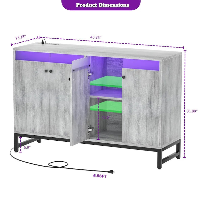 Meuble d'appoint à 4 portes avec prise de courant, buffet de rangement avec bar et éclairage LED