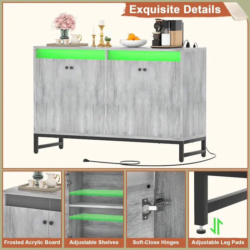 Meuble d'appoint à 4 portes avec prise de courant, buffet de rangement avec bar et éclairage LED
