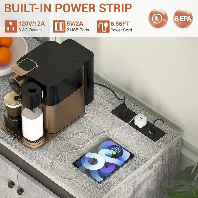 Meuble d'appoint à 4 portes avec prise de courant, buffet de rangement avec bar et éclairage LED