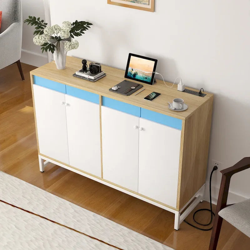 Meuble d'appoint à 4 portes avec prise de courant, buffet de rangement avec bar et éclairage LED