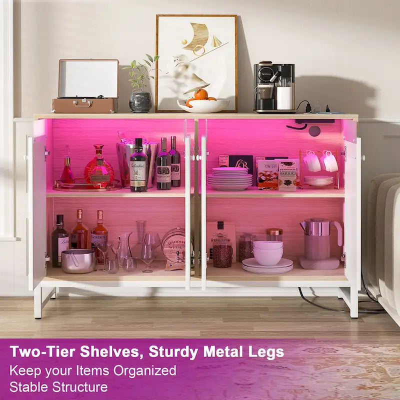 Meuble d'appoint à 4 portes avec prise de courant, buffet de rangement avec bar et éclairage LED