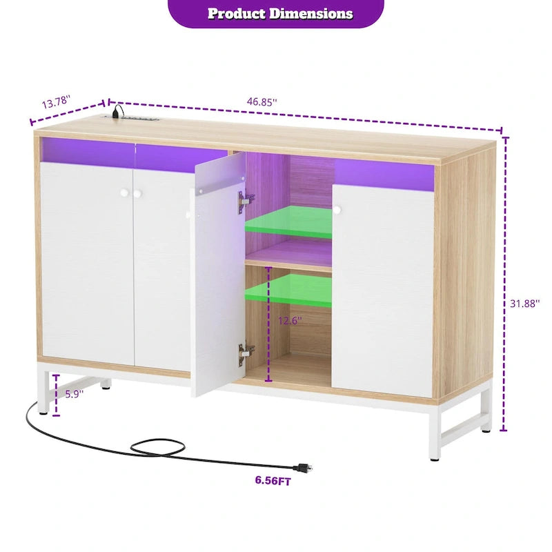 Meuble d'appoint à 4 portes avec prise de courant, buffet de rangement avec bar et éclairage LED