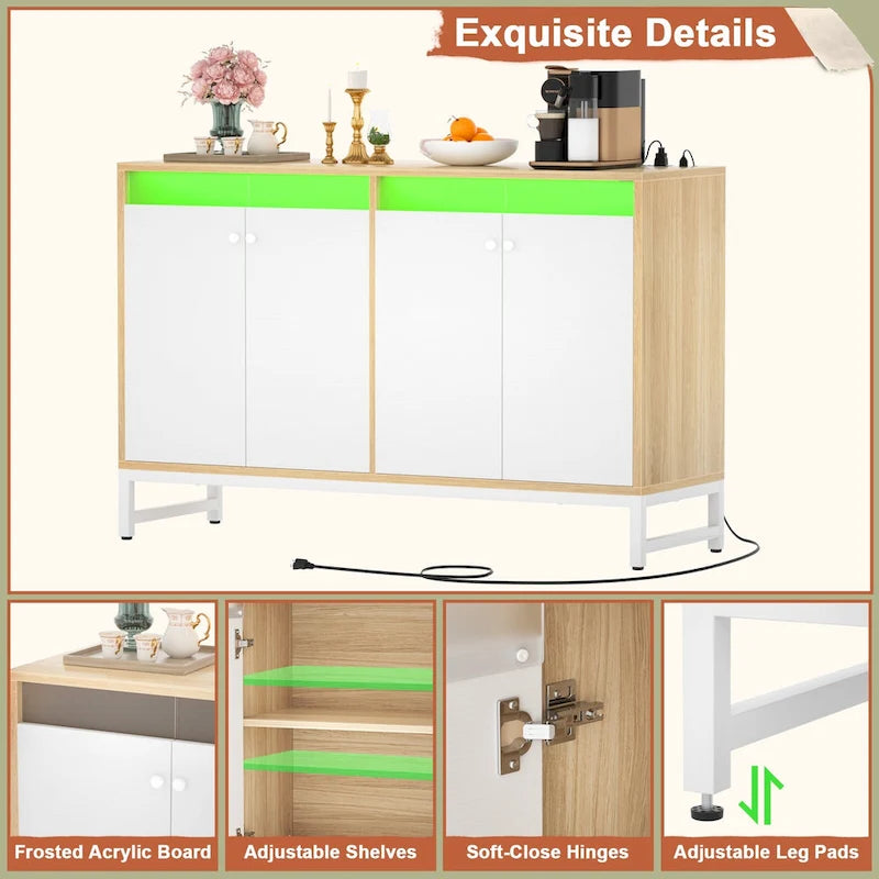 Meuble d'appoint à 4 portes avec prise de courant, buffet de rangement avec bar et éclairage LED