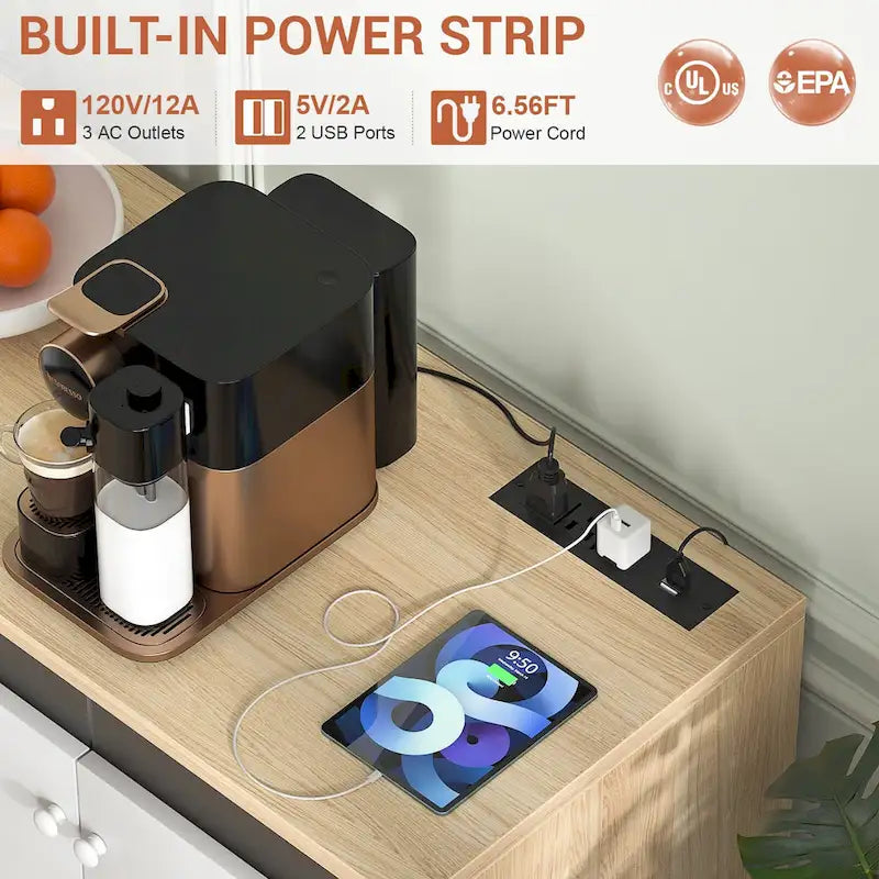 Meuble d'appoint à 4 portes avec prise de courant, buffet de rangement avec bar et éclairage LED